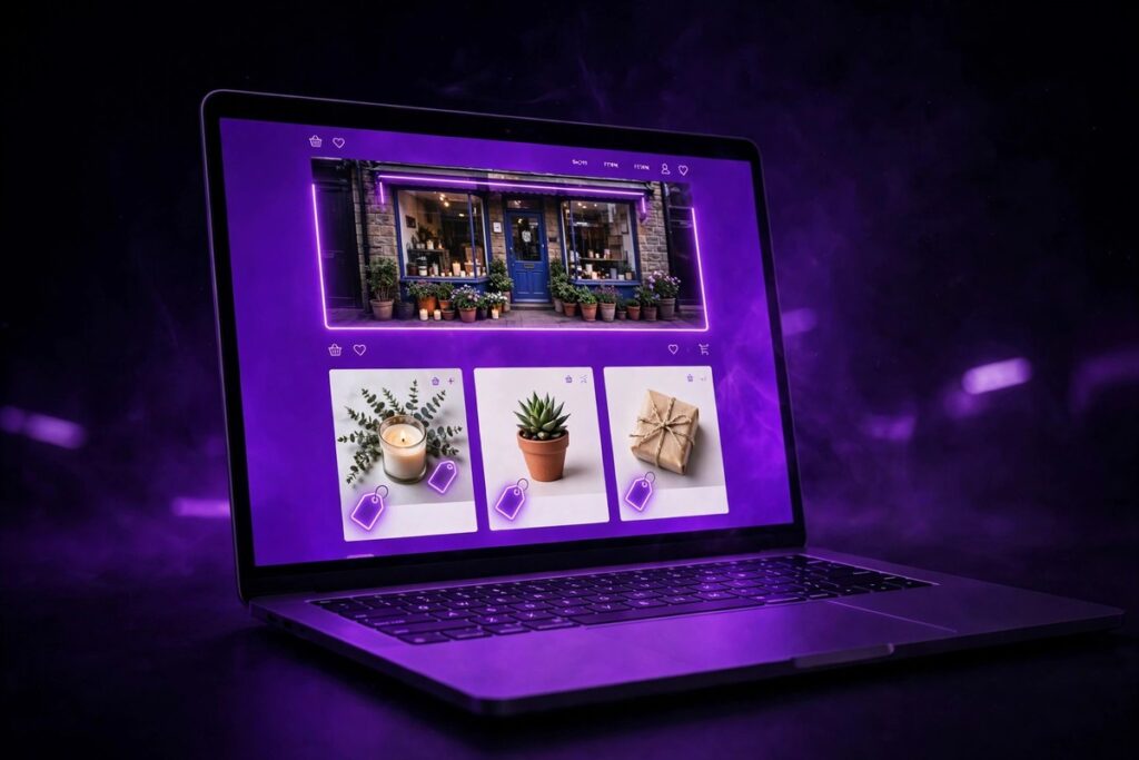 How much does a small business website cost in the UK: a new business website on a laptop with a glowing purple cost breakdown