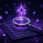 AI SEO services concept with magnifying glass over search results and AI spark