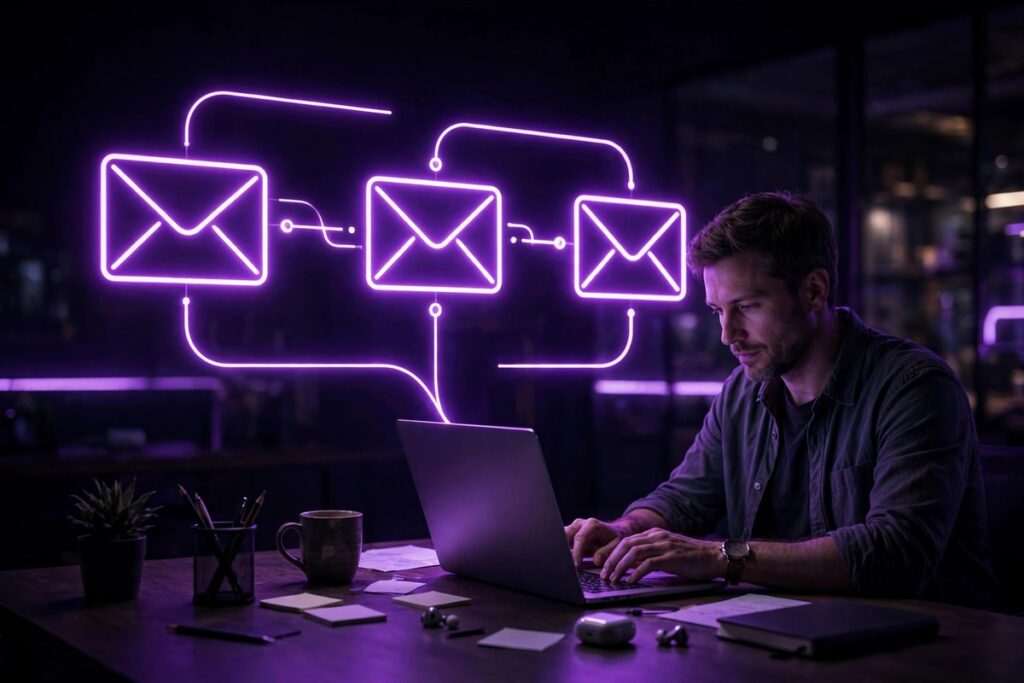 AI content writing vs human writers SEO: a glowing robot hand and a human writer facing each other over a rising SEO chart