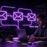 AI content writing vs human writers SEO: a glowing robot hand and a human writer facing each other over a rising SEO chart